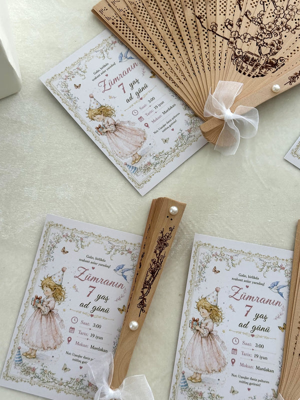 Vintage Girl Birthday Invitation Cards with Wooden Hand Fan — Chocodad Baku