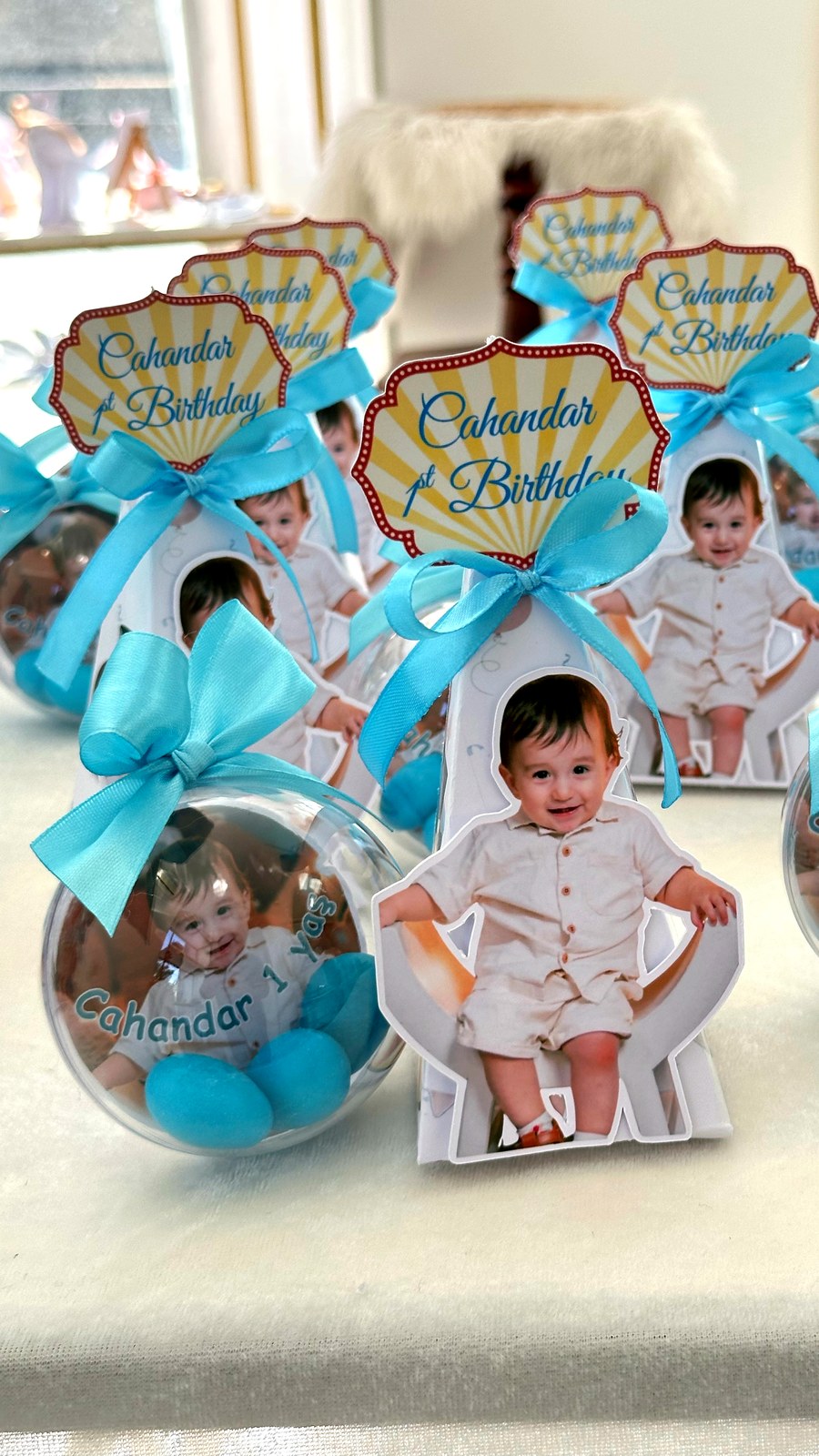 Baby Photo Cut-Out 1st Birthday Favors with Blue Chocolate Dragee Ball — Chocodad Baku