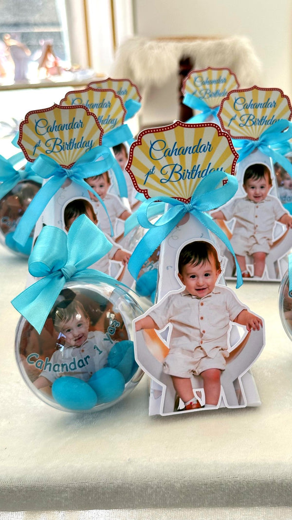 Baby Photo Cut-Out 1st Birthday Favors with Blue Chocolate Dragee Ball — Chocodad Baku
