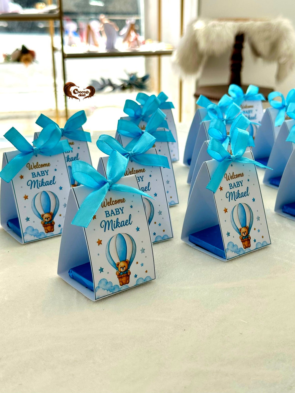 Hot Air Balloon Teddy Welcome Baby Pyramid Boxes with Blue Ribbon & Chocolate — Chocodad Baku