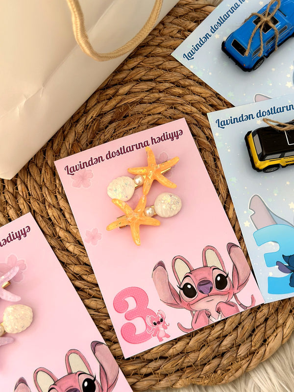 Stitch and Angel Birthday Favor Cards with Starfish Hair Clip or Toy Car — Chocodad Baku