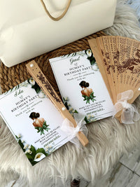 Calla Lily Birthday Party Cards with Guest Name & Wooden Hand Fan — Chocodad Baku