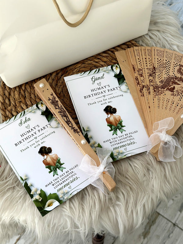 Calla Lily Birthday Party Cards with Guest Name & Wooden Hand Fan — Chocodad Baku