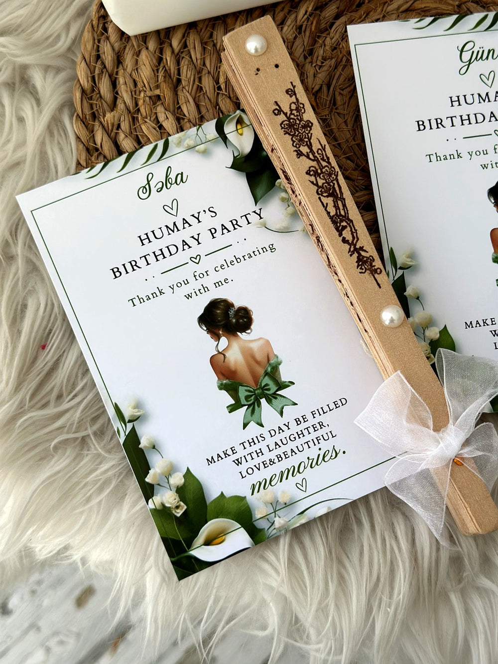 Calla Lily Birthday Party Cards with Guest Name & Wooden Hand Fan — Chocodad Baku