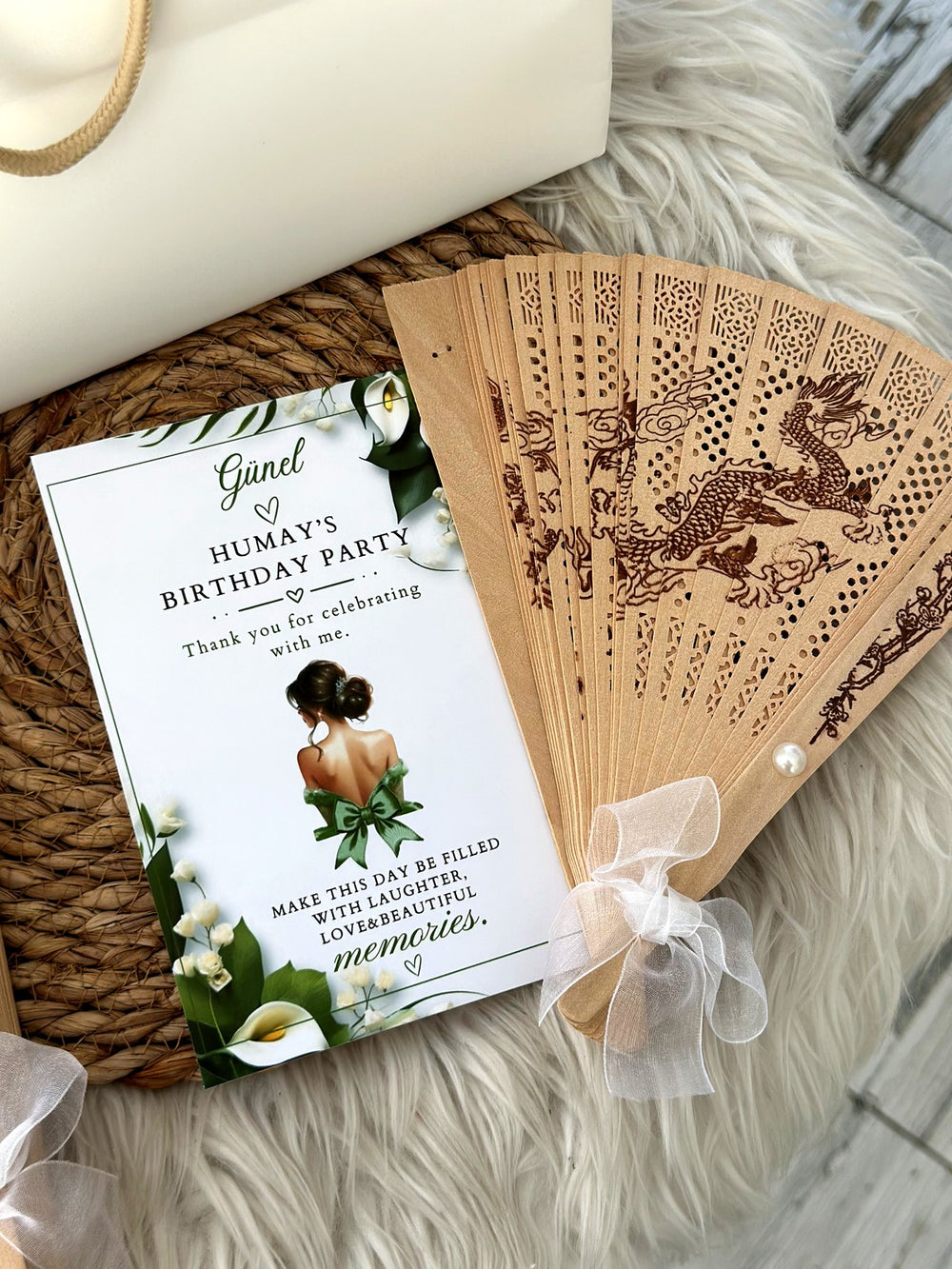 Calla Lily Birthday Party Cards with Guest Name & Wooden Hand Fan — Chocodad Baku