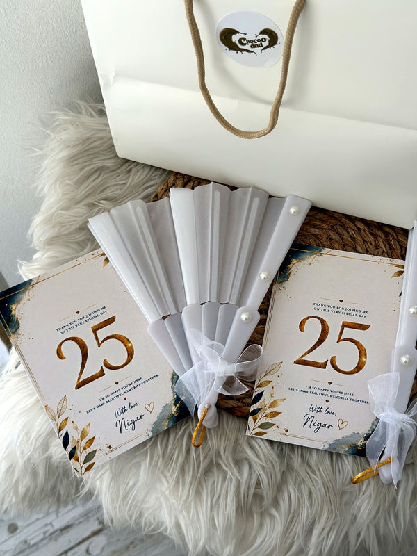 Gold Number Birthday Party Cards with White Pearl Hand Fan — Chocodad Baku