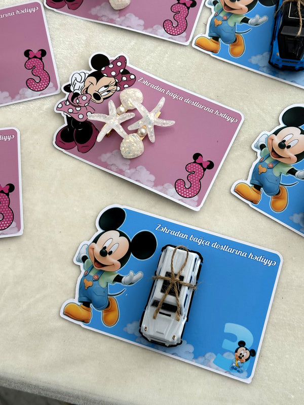 Mickey and Minnie Kindergarten Birthday Favor Cards with Starfish Hair Clip or Toy Car — Chocodad Baku