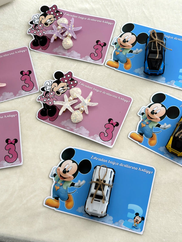 Mickey and Minnie Kindergarten Birthday Favor Cards with Starfish Hair Clip or Toy Car — Chocodad Baku