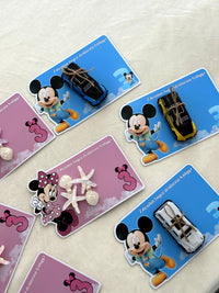 Mickey and Minnie Kindergarten Birthday Favor Cards with Starfish Hair Clip or Toy Car — Chocodad Baku