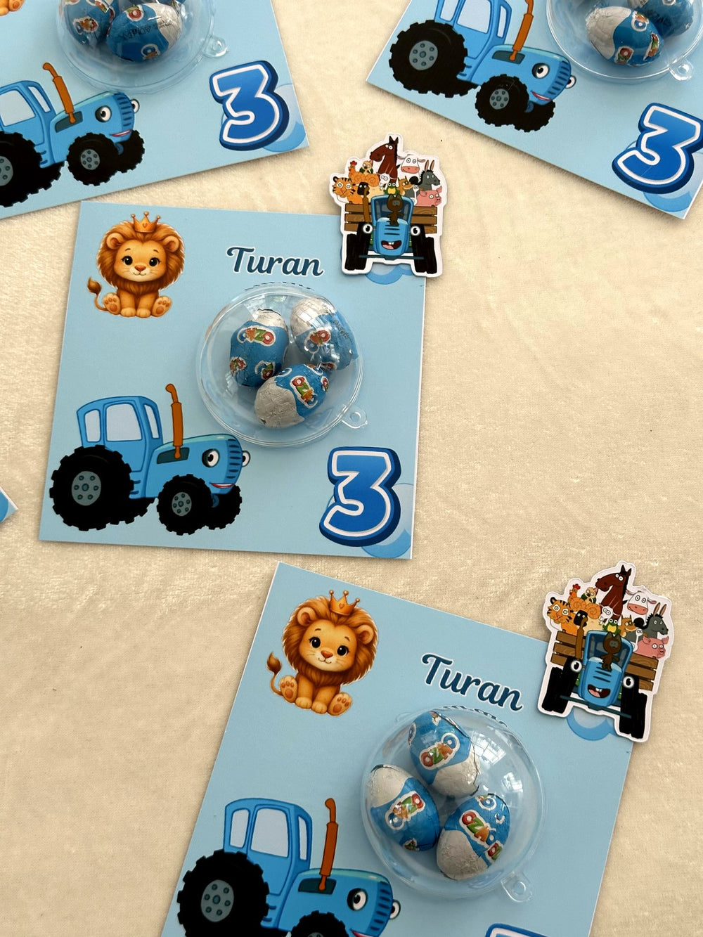 Blue Tractor and Lion Birthday Favor Cards with Ozmo Chocolate Egg Dome — Chocodad Baku