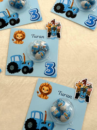Blue Tractor and Lion Birthday Favor Cards with Ozmo Chocolate Egg Dome — Chocodad Baku