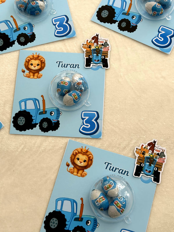 Blue Tractor and Lion Birthday Favor Cards with Ozmo Chocolate Egg Dome — Chocodad Baku