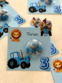 Blue Tractor and Lion Birthday Favor Cards with Ozmo Chocolate Egg Dome — Chocodad Baku