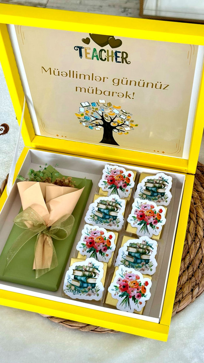 Yellow Teacher's Day Gift Box with Flower Bouquet — Chocodad Baku