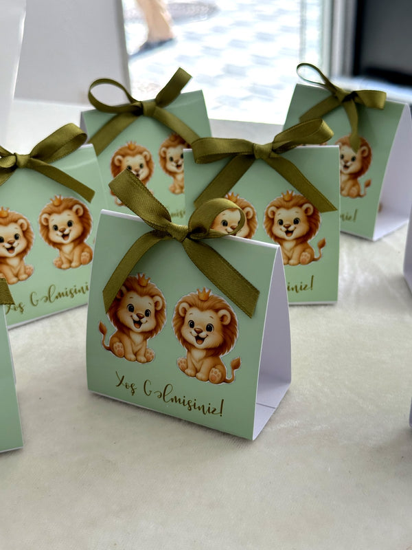 Twin Lion Cubs Welcome Baby Pyramid Boxes with Olive Satin Bow — Chocodad Baku