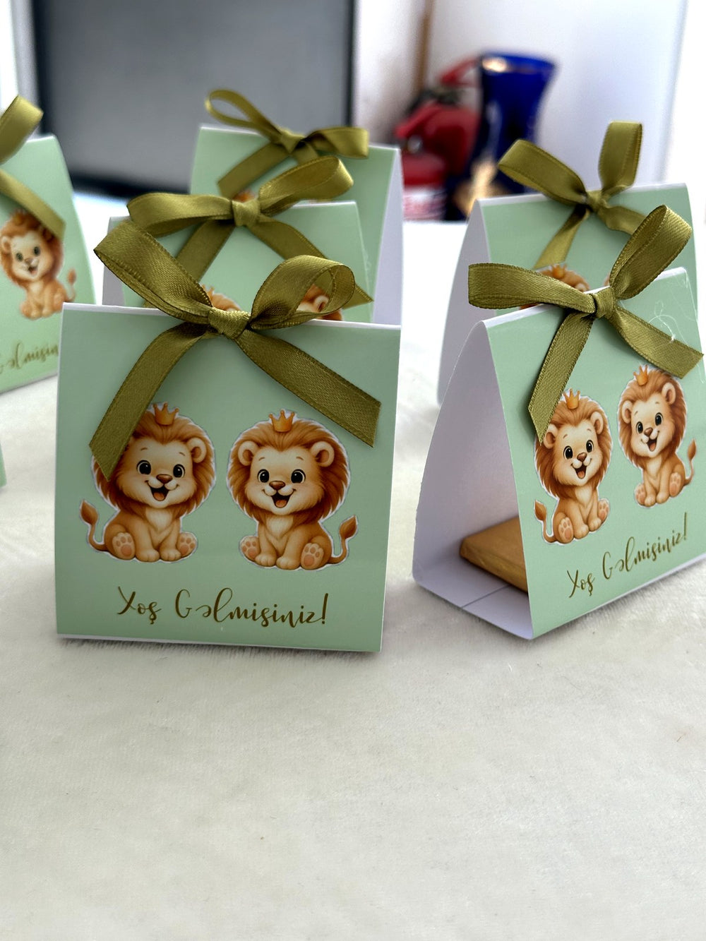 Twin Lion Cubs Welcome Baby Pyramid Boxes with Olive Satin Bow — Chocodad Baku