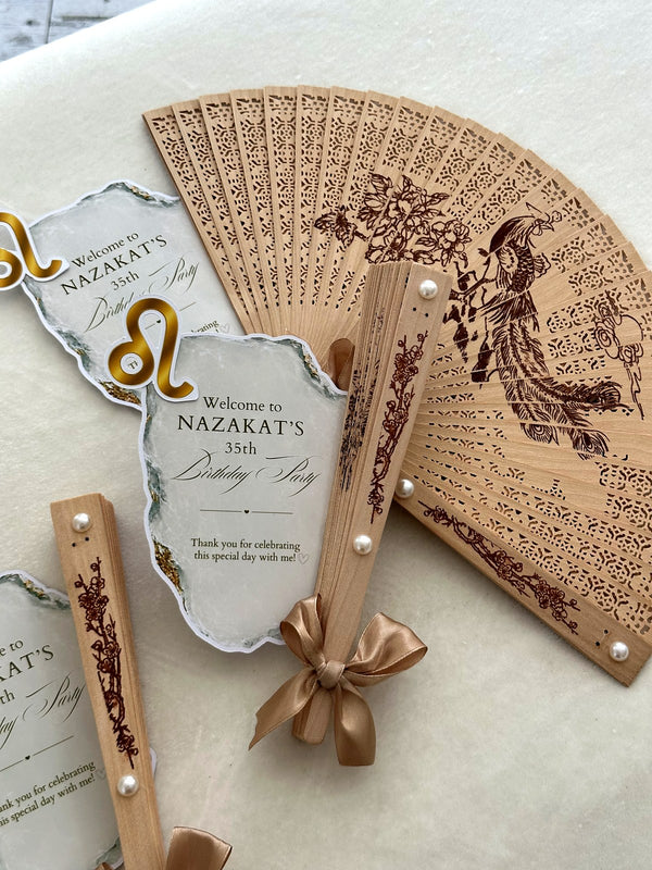 Leo Zodiac Birthday Party Cards with Wooden Hand Fan & Satin Bow — Chocodad Baku