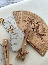 Leo Zodiac Birthday Party Cards with Wooden Hand Fan & Satin Bow — Chocodad Baku