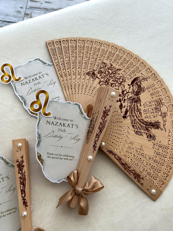 Leo Zodiac Birthday Party Cards with Wooden Hand Fan & Satin Bow — Chocodad Baku