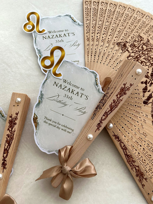 Leo Zodiac Birthday Party Cards with Wooden Hand Fan & Satin Bow — Chocodad Baku