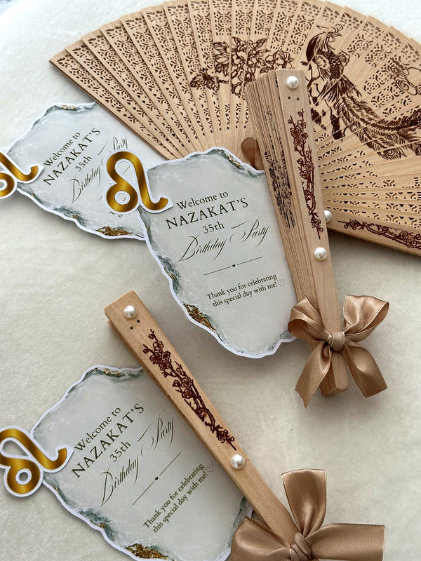Leo Zodiac Birthday Party Cards with Wooden Hand Fan & Satin Bow — Chocodad Baku