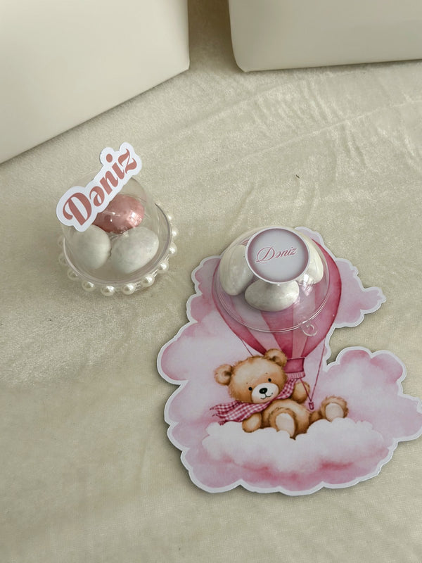Pink Hot Air Balloon Teddy Favors with Dragee Dome & Name Mini Domes — Chocodad Baku