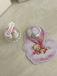 Pink Hot Air Balloon Teddy Favors with Dragee Dome & Name Mini Domes — Chocodad Baku