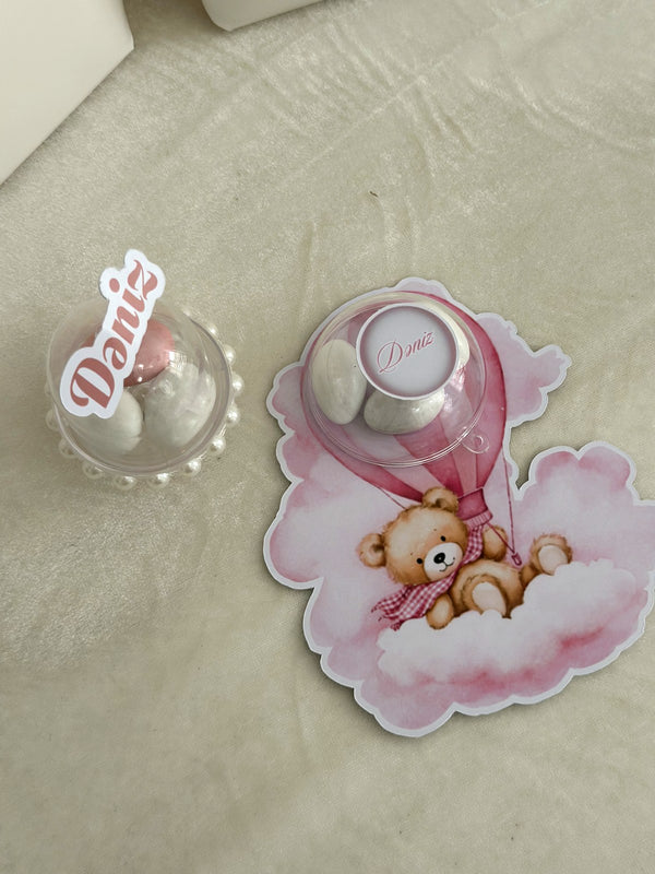 Pink Hot Air Balloon Teddy Favors with Dragee Dome & Name Mini Domes — Chocodad Baku