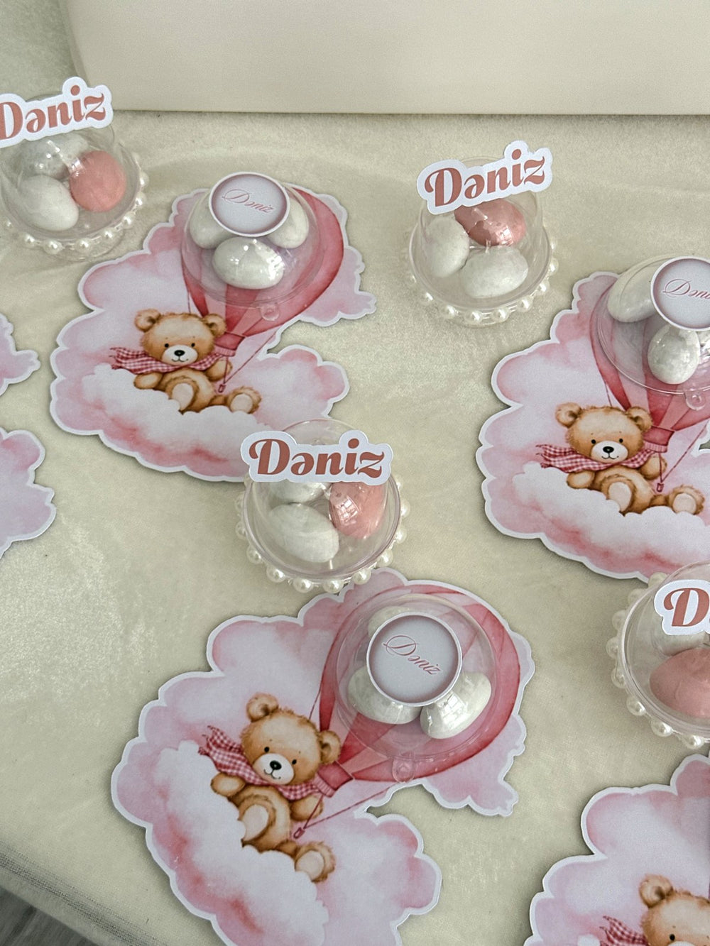 Pink Hot Air Balloon Teddy Favors with Dragee Dome & Name Mini Domes — Chocodad Baku