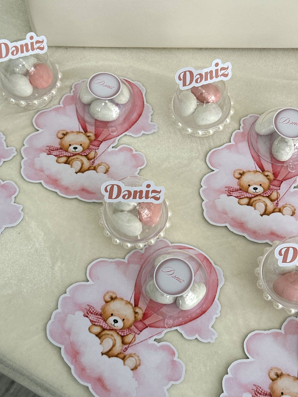 Pink Hot Air Balloon Teddy Favors with Dragee Dome & Name Mini Domes — Chocodad Baku