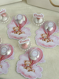 Pink Hot Air Balloon Teddy Favors with Dragee Dome & Name Mini Domes — Chocodad Baku