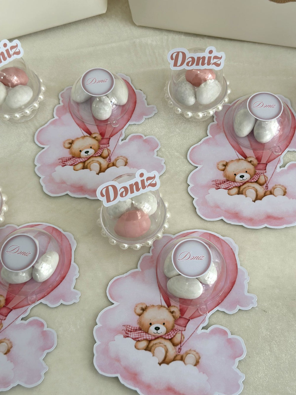 Pink Hot Air Balloon Teddy Favors with Dragee Dome & Name Mini Domes — Chocodad Baku