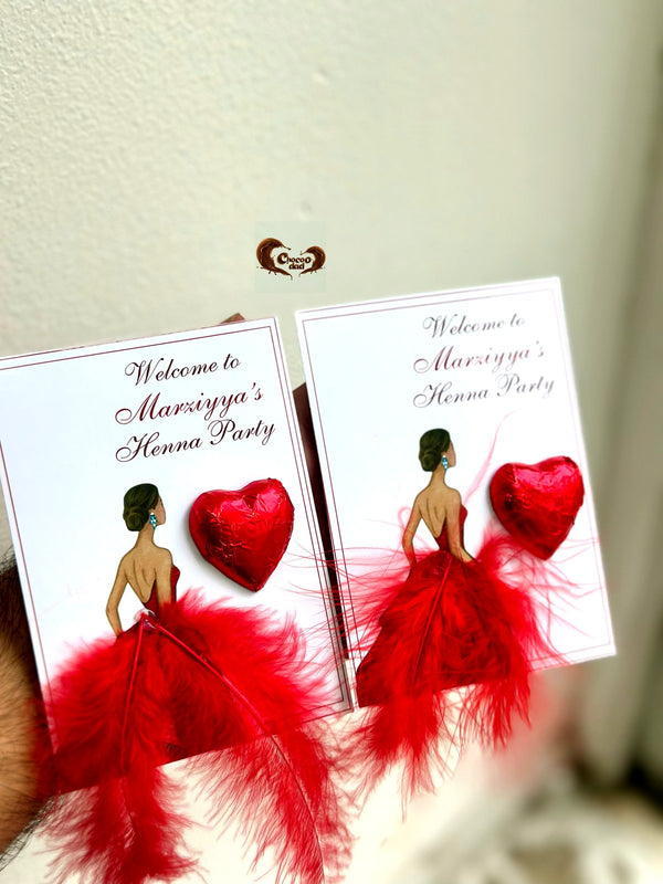 Red Feather Dress Henna Party Favor Cards with Heart Chocolate — Chocodad Baku