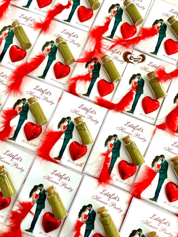 Couple with Red Feathers Henna Party Favor Cards with Heart Chocolate & Henna Vial — Chocodad Baku