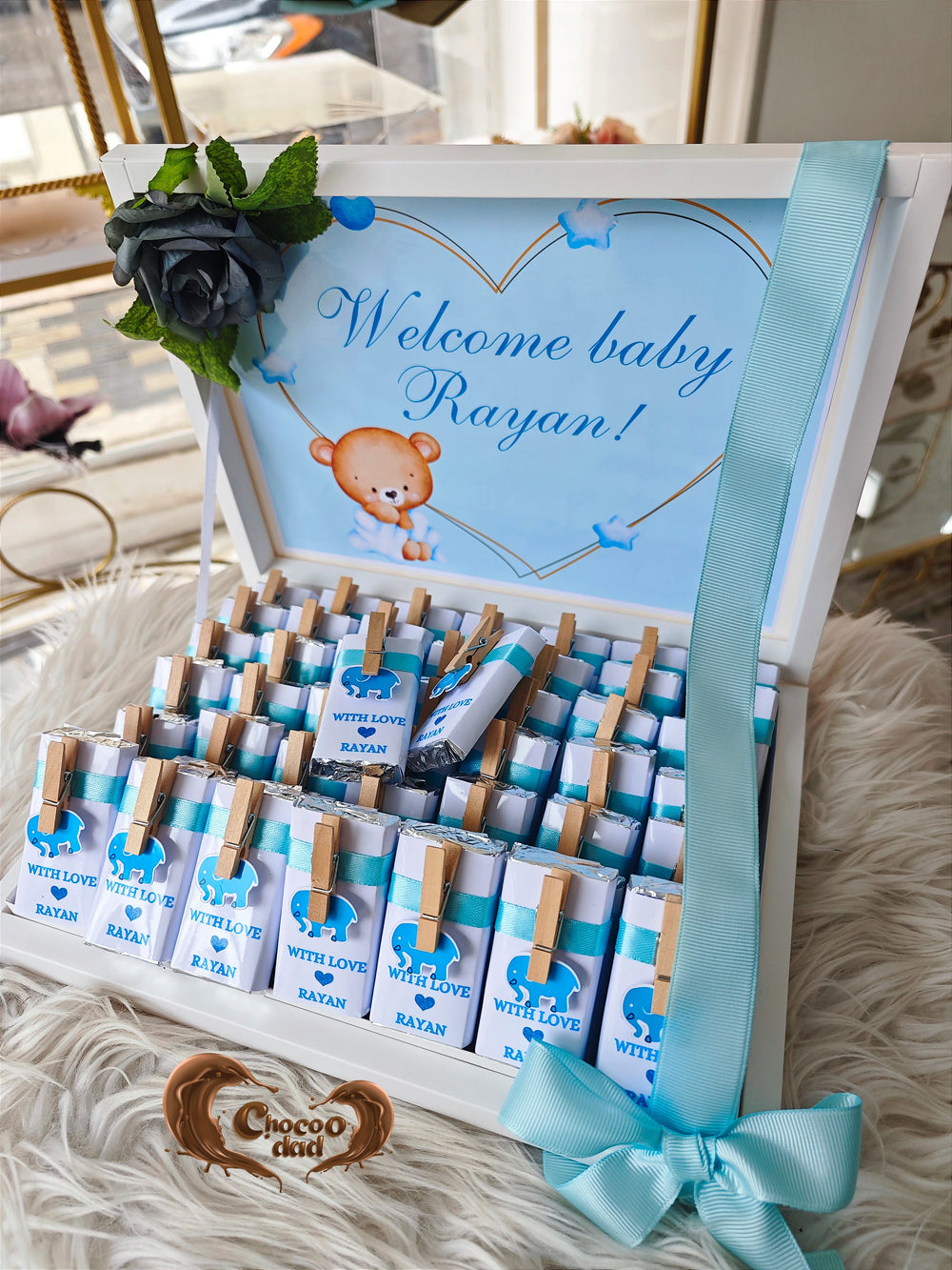 Welcome Baby Rayan | Custom Blue 50 Chocolate in Box for Baby Boy Perfect New Baby Gift
