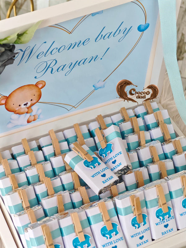 Welcome Baby Rayan | Custom Blue 50 Chocolate in Box for Baby Boy Perfect New Baby Gift