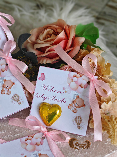 "Welcome baby girl" Şokolad Kartı – Qızıl, Çəhrayı Bant və Çəhrayı Ayı ilə